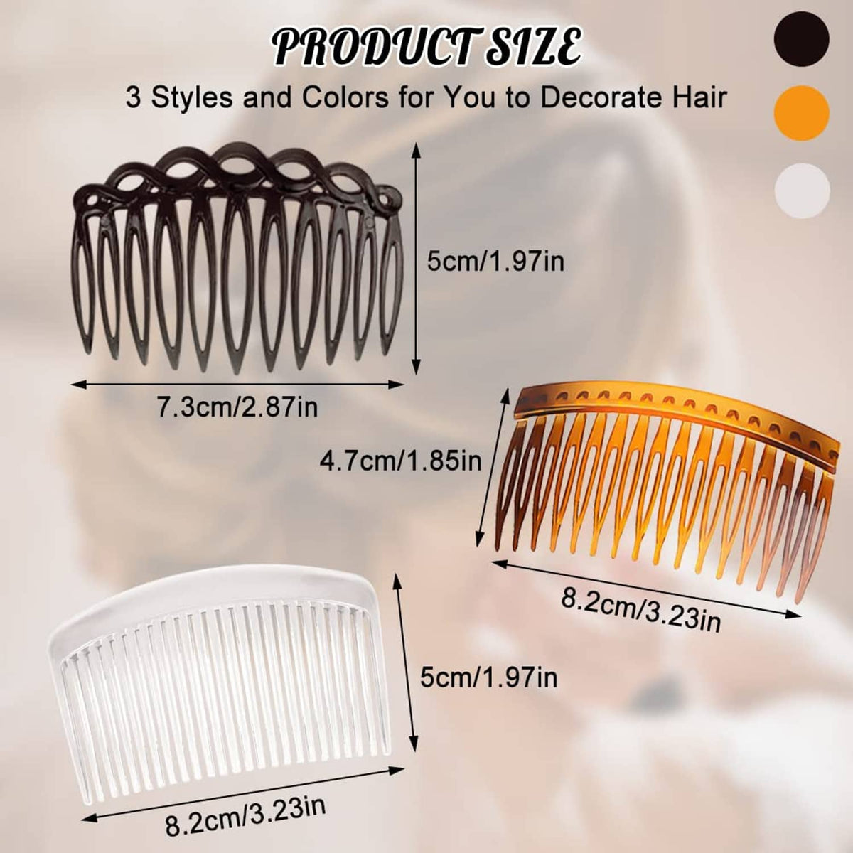 Hair side comb set size chart with white plastic teeth and measurements in cm/in