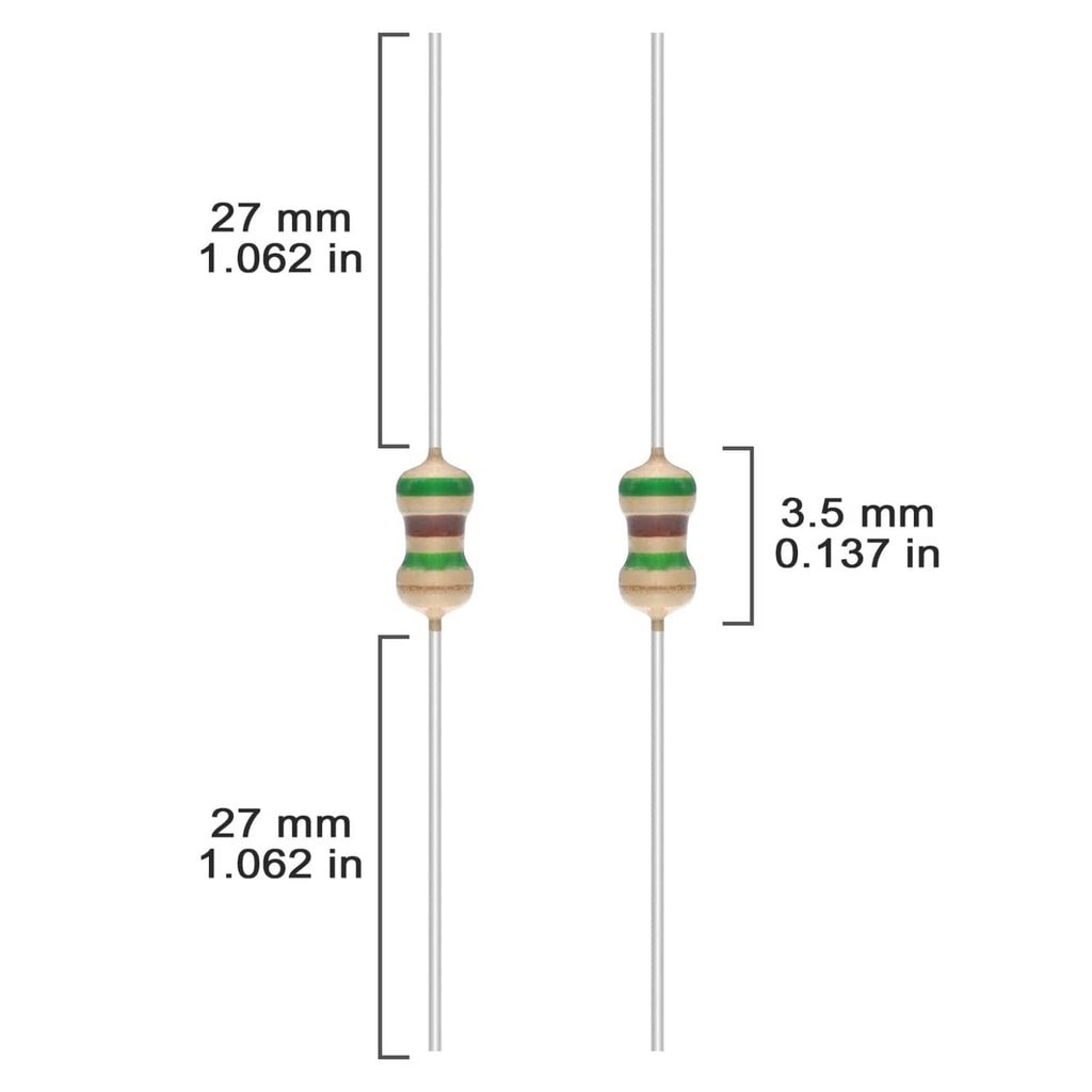 Axial resistor with colored bands, 27 mm lead length, 3.5 mm body width