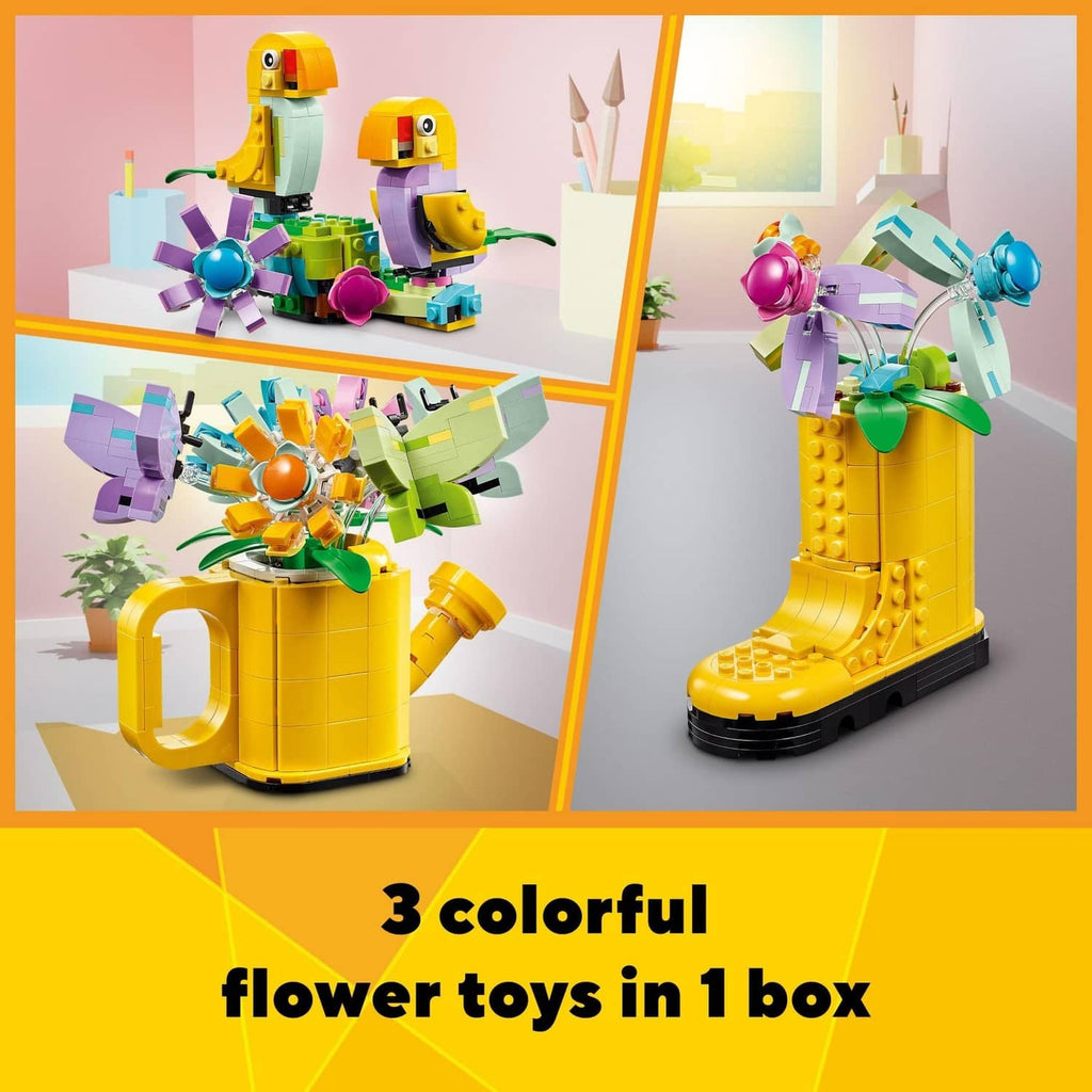 LEGO Creator flower watering can toy with multicolor flower and butterfly elements