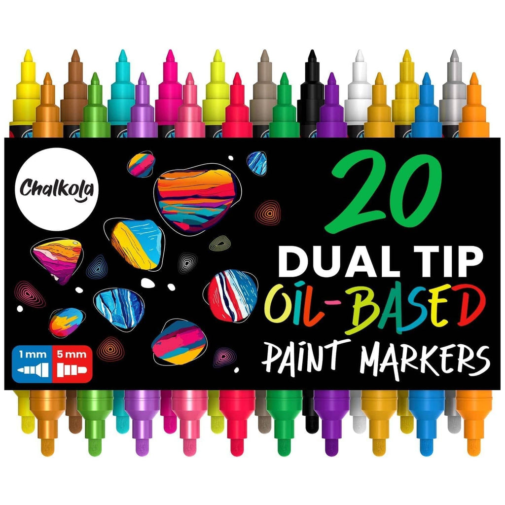 Dual-tip oil paint pen set, 20 markers with colorful capped tips in a lineup.