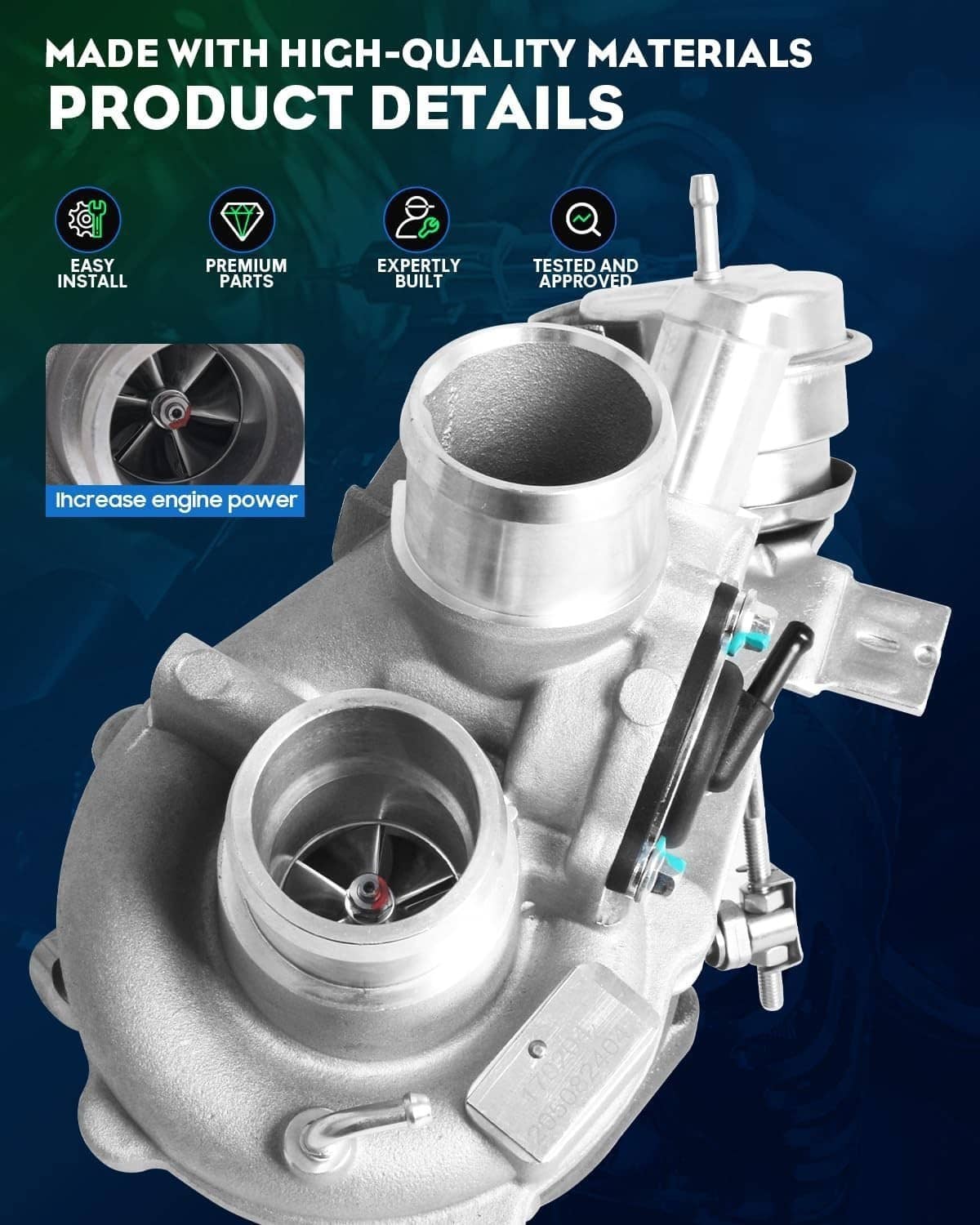 Close-up of a silver turbocharger with air inlet and turbine housing