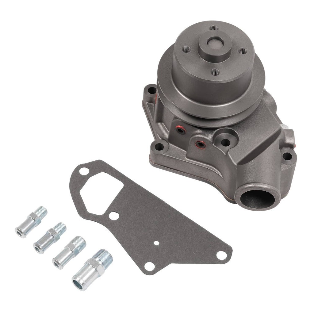 Water pump with cast metal housing, pulley, and mounting gasket plus bolts