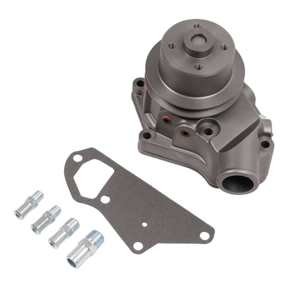 Water pump with cast metal housing, pulley, and mounting gasket plus bolts