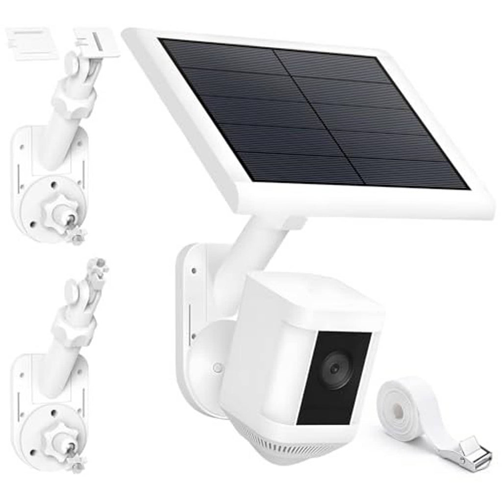 White outdoor solar panel security camera mount with adjustable wall bracket