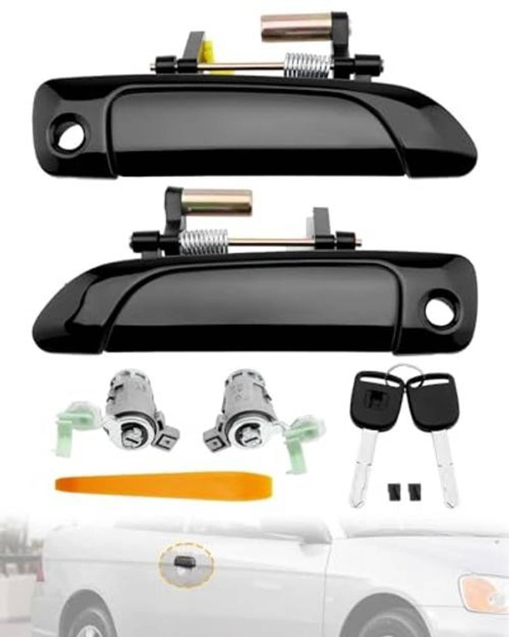 Black exterior door handle pair with lock cylinder, two keys, and installation parts