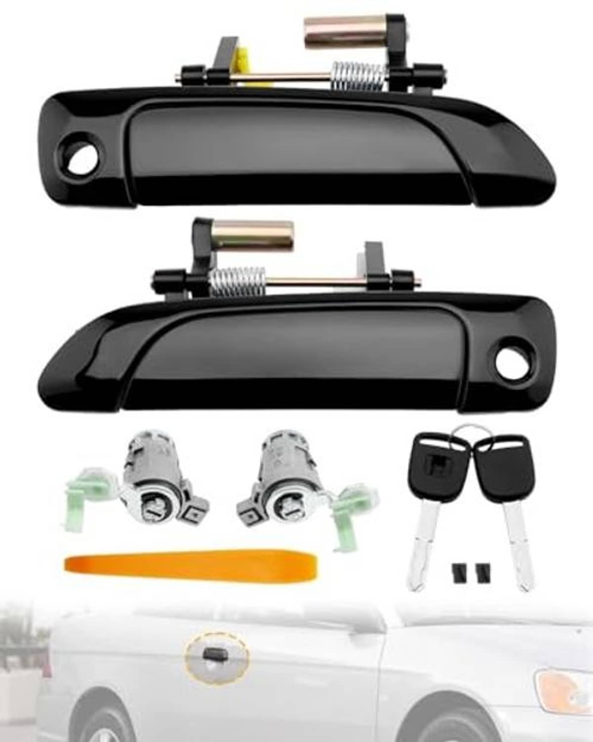 Black exterior door handle pair with lock cylinder, two keys, and installation parts