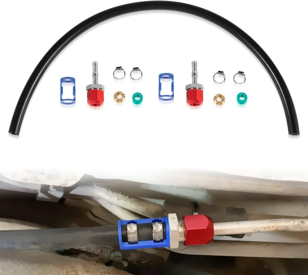 A/C line splice kit installed on vehicle A/C line with coupler and red end fitting