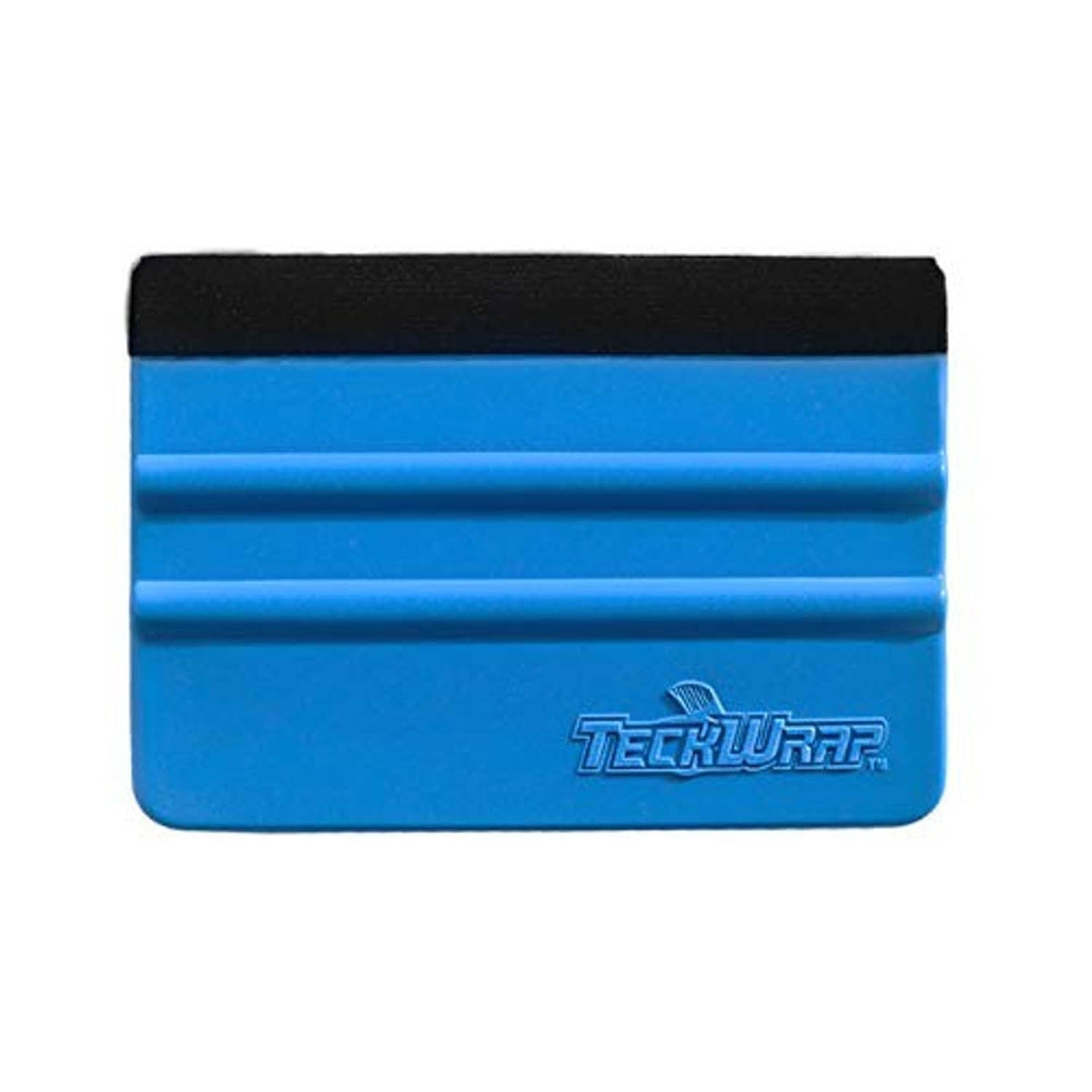 Blue vinyl squeegee scraper with black felt edge and smooth rectangular shape