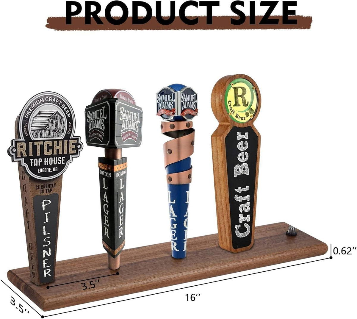 Brown beer tap handle display stand, 16 in length, holds four taps