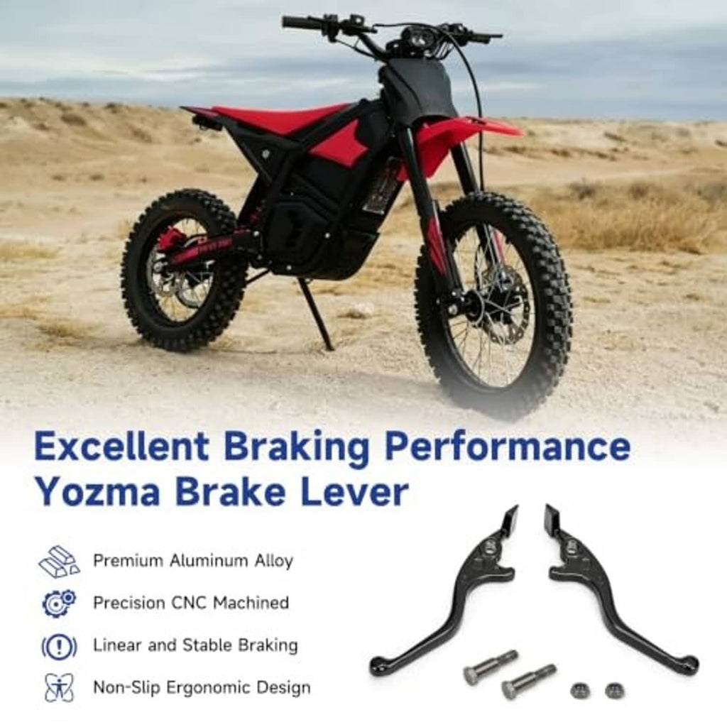 Black aluminum e-bike brake levers with mounting bolts and small hardware pieces