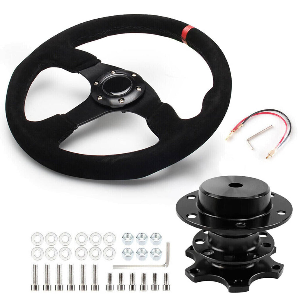 Black 14in suede racing steering wheel with horn button and quick release kit components