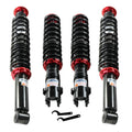 Adjustable coilover strut kit with black springs and red top caps, four-piece front view