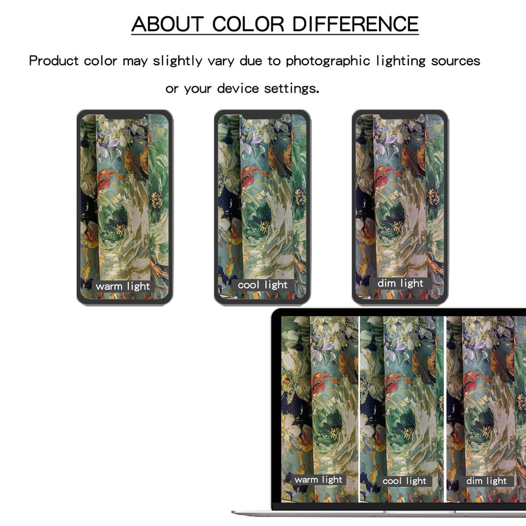 Floral green curtain color variation chart under different lighting temperatures