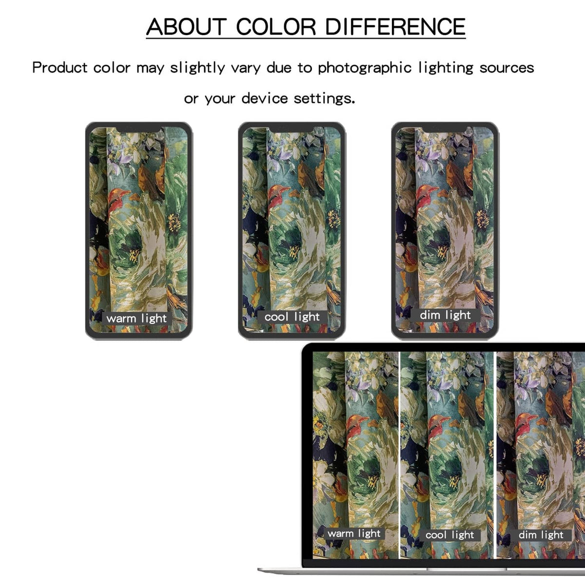 Floral green curtain color variation chart under different lighting temperatures