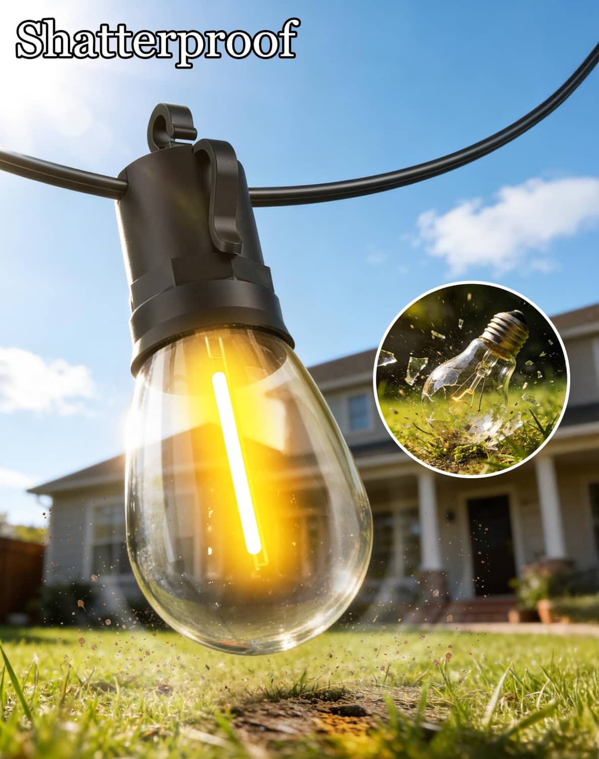 Waterproof solar light bulb with black holder and clear glass teardrop, warm filament glow