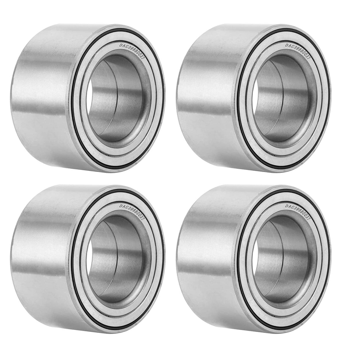 Wheel bearing set showing four angled views of silver metal bearings