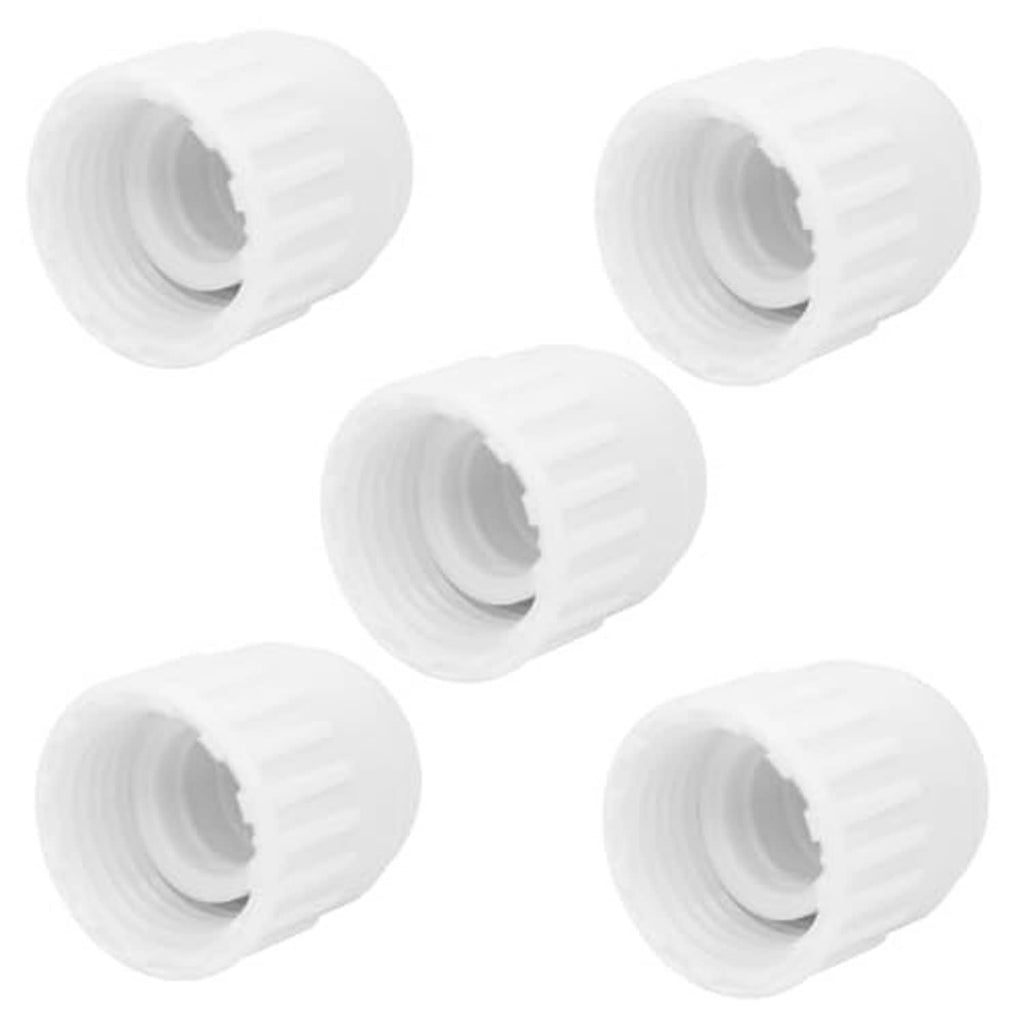 White PVC end cap plugs for female-thread pipes, ridged grip, 5-pack