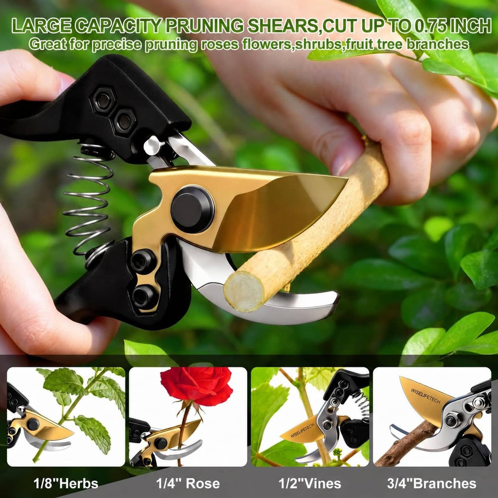 Bypass pruning shears cutting a small branch, black handles with gold blade