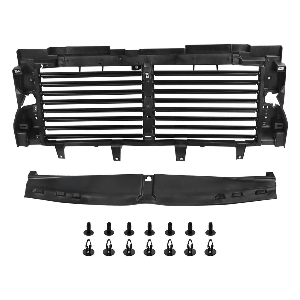 Front active air grille shutter assembly with black horizontal slats and mounting brackets