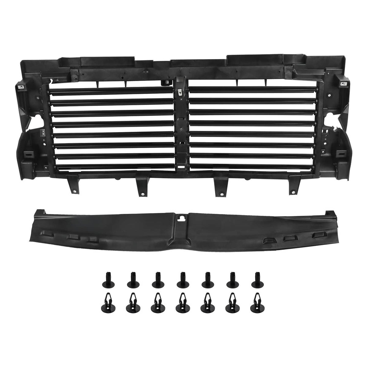 Front active air grille shutter assembly with black horizontal slats and mounting brackets