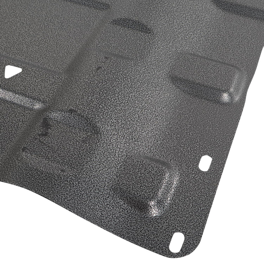 Black skid plate corner with drain holes and textured surface