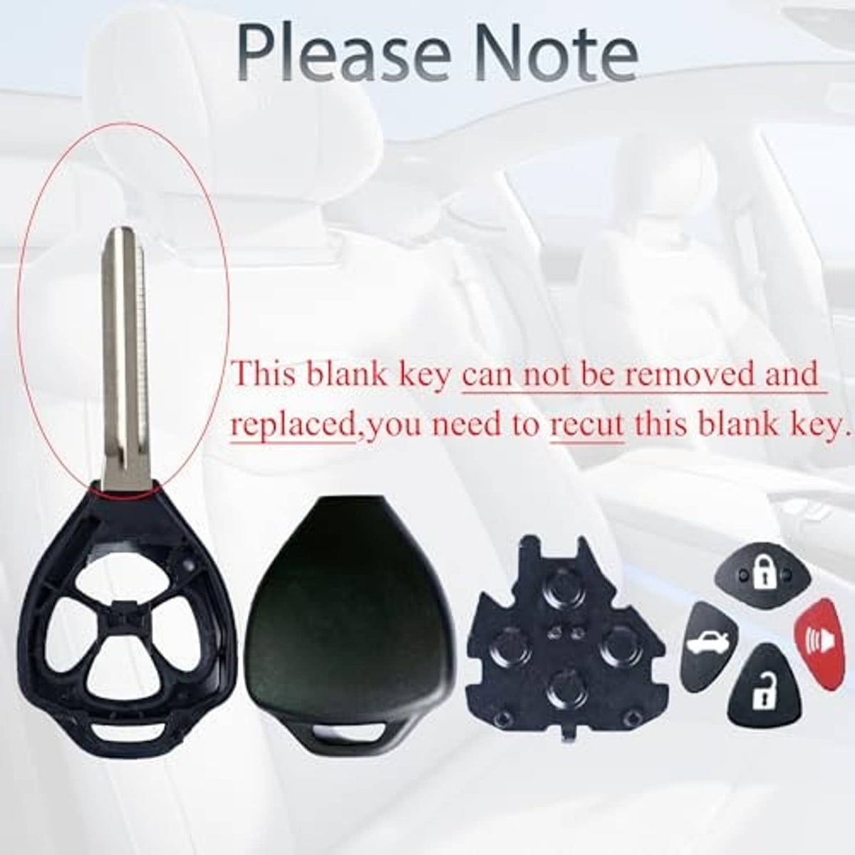 Black key fob shell with metal key blade, shown disassembled with internal insert