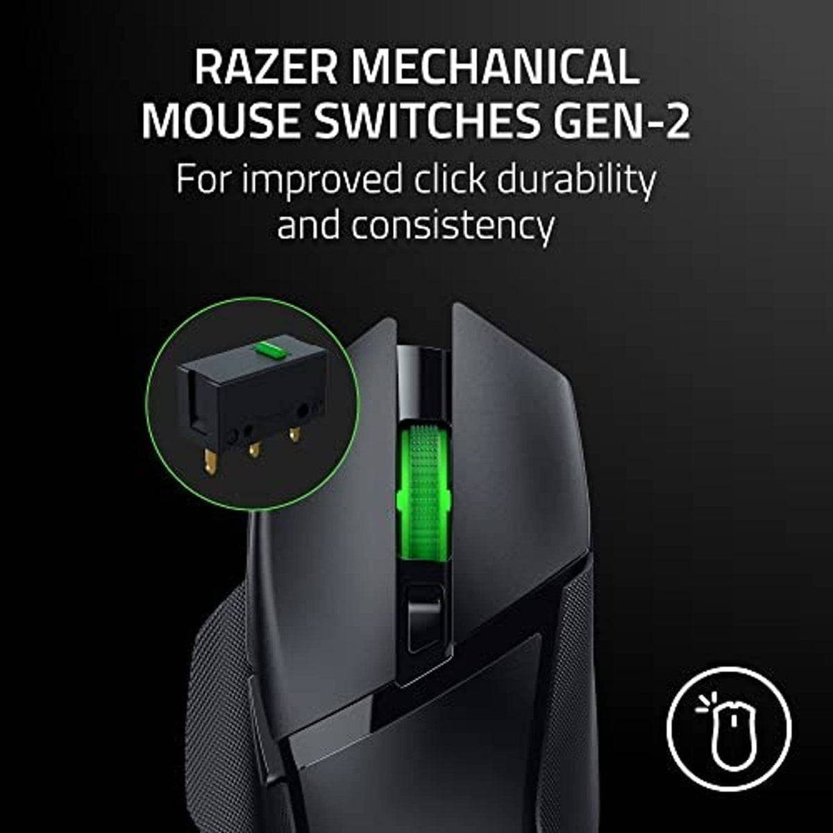 Matte black mechanical gaming mouse with green-lit wheel and switch detail inset