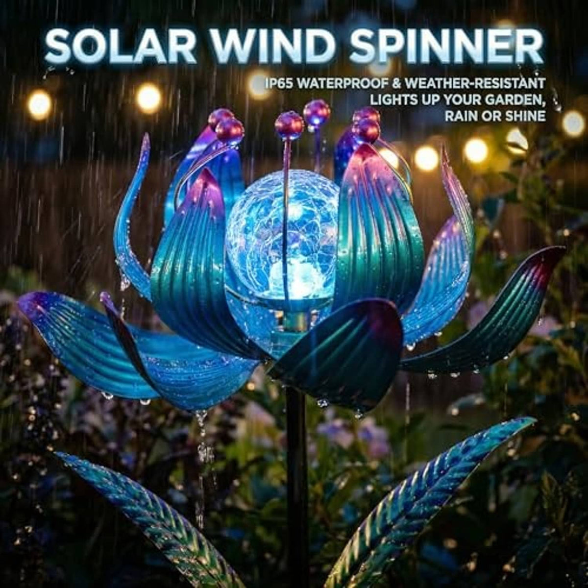 Solar wind spinner lotus with blue RGB glow, crackle-glass globe, and solar panel base at night