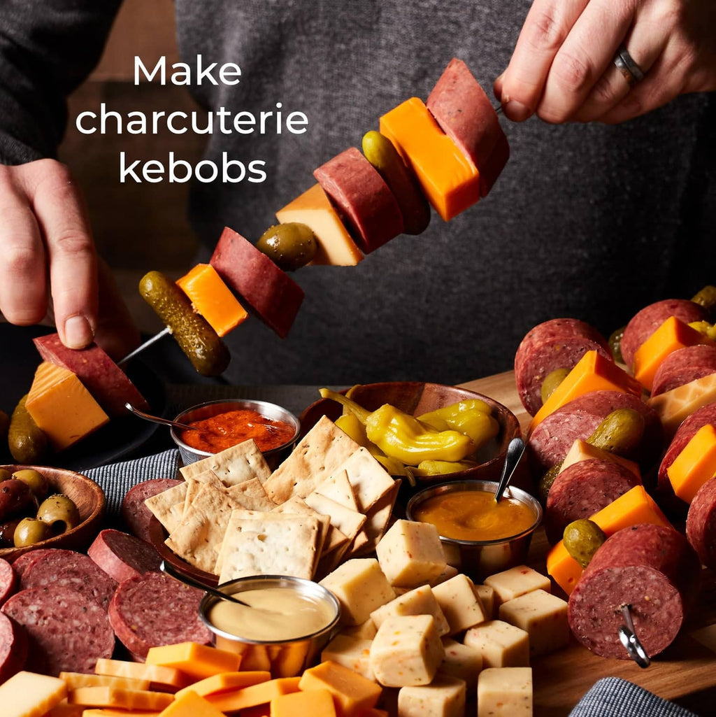 Beef Summer Sausage kebobs with cheese and vegetables, served with dipping sauce