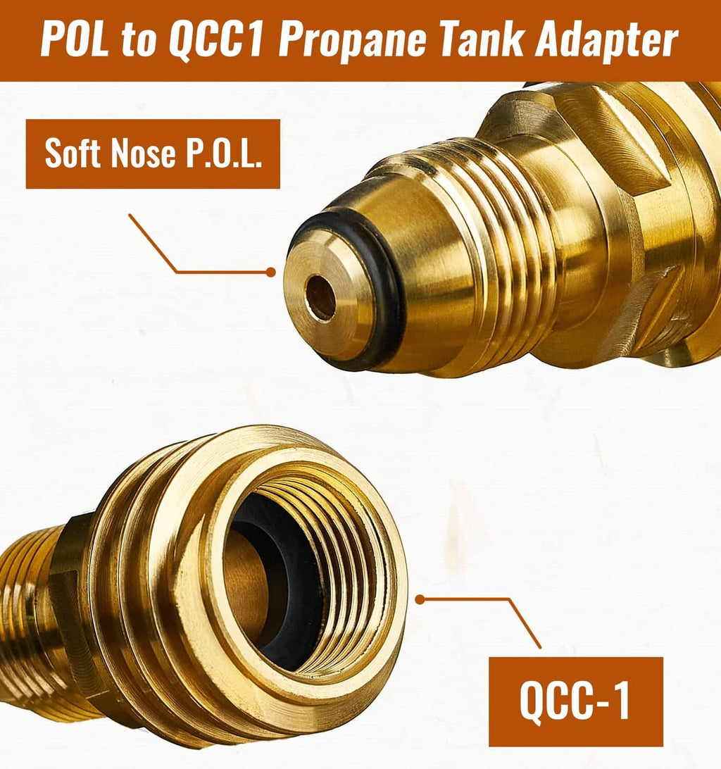 Propane tank adapter with male threads, black ring seal, and connection end