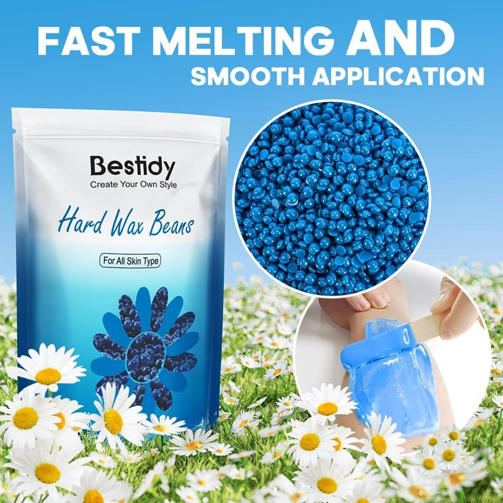 Bestidy blue hard wax beans close-up with pouch and wax cup