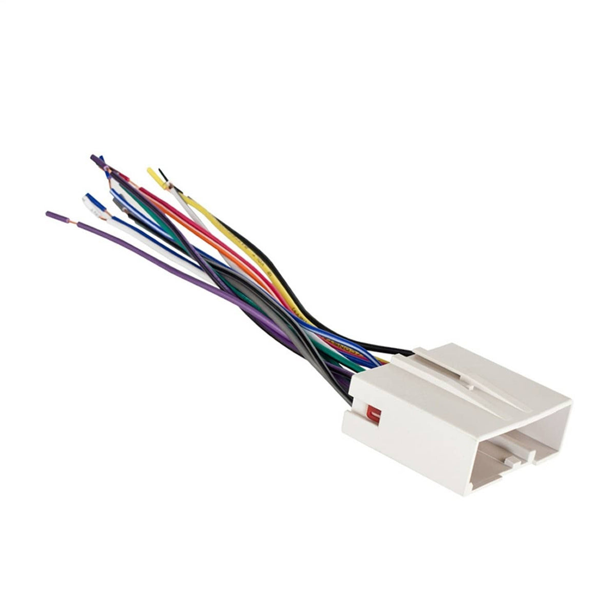 Aftermarket car radio wiring harness with multicolored wires and plug connector