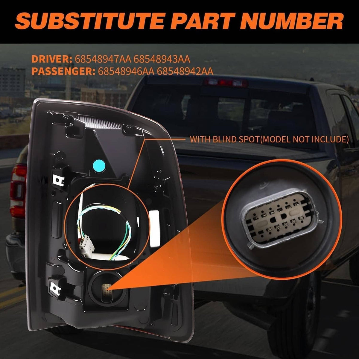 Tail light housing with wiring connector and blind-spot module area, black plastic assembly.