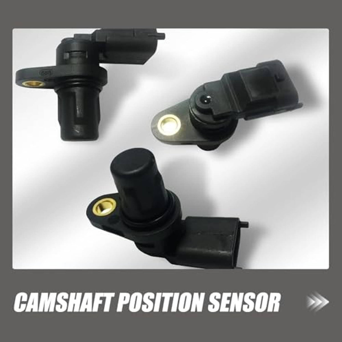 Camshaft position sensor shown in multiple angles with gold mounting details