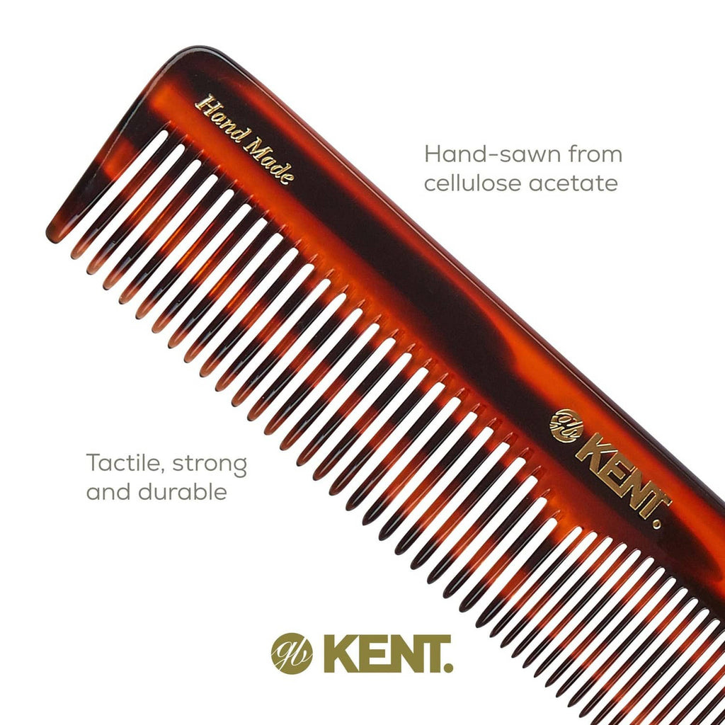 Tortoiseshell hair comb with fine teeth and rounded tips, Kent logo
