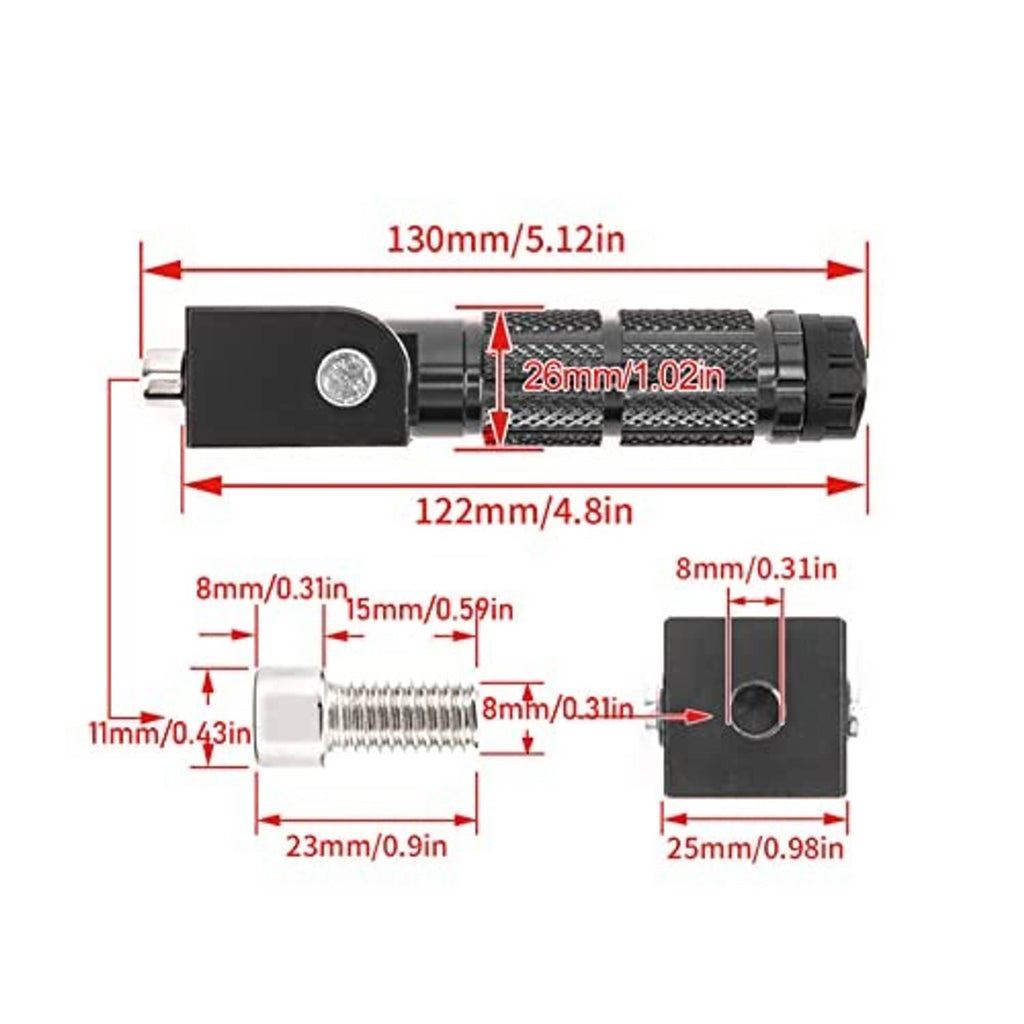 Foldable foot peg with bracket and textured grip, with size diagram and bolt hardware
