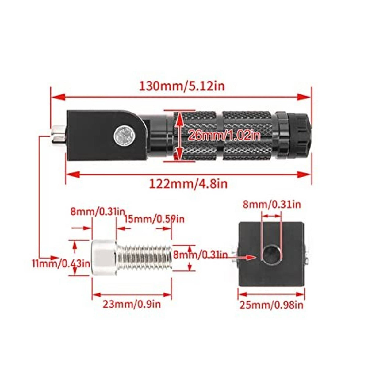 Foldable foot peg with bracket and textured grip, with size diagram and bolt hardware