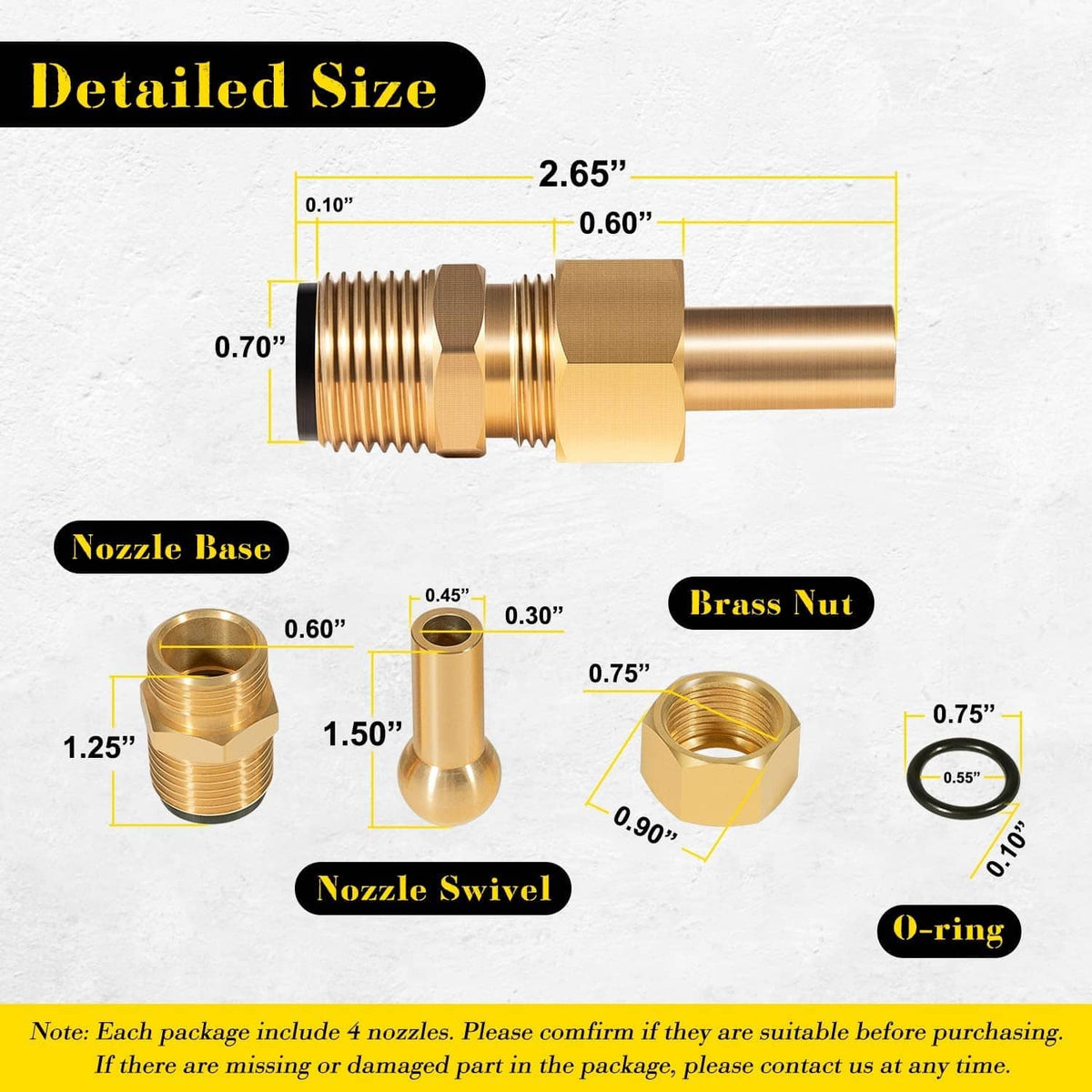 Brass deck jet nozzle replacement diagram with measurements, nut, O-ring, and swivel