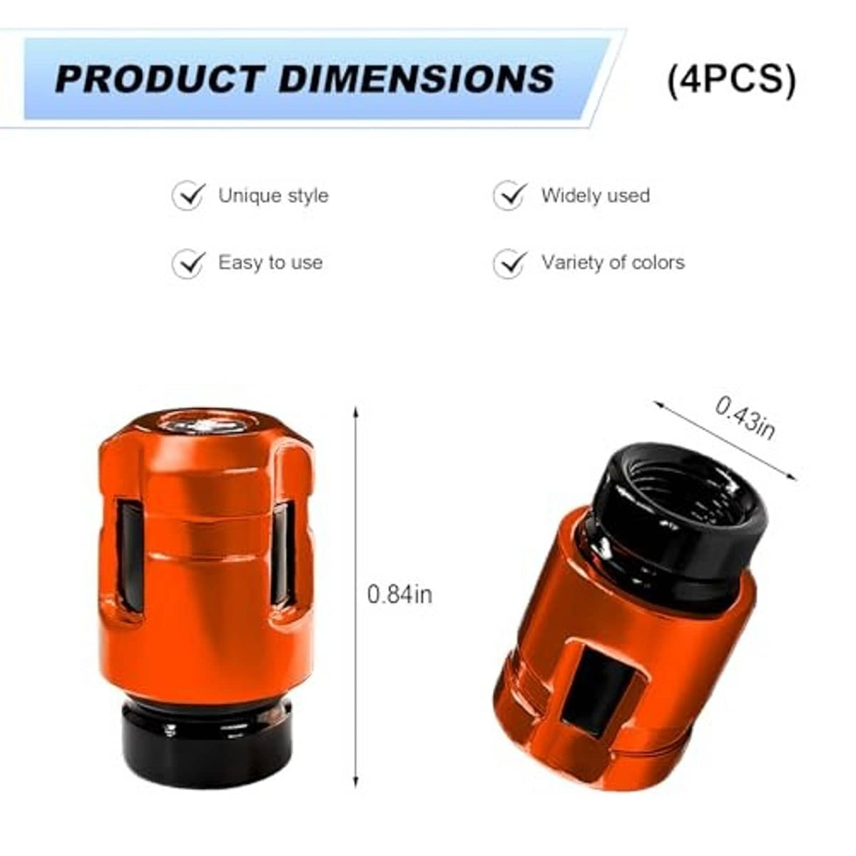 Orange tire valve stem cap with black base and ridged sides, shown from two angles