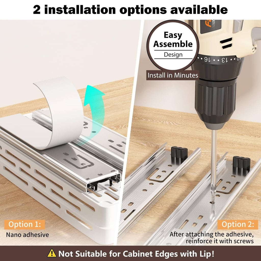 White pull-out spice rack organizer slide rail system with mounting tracks and screws
