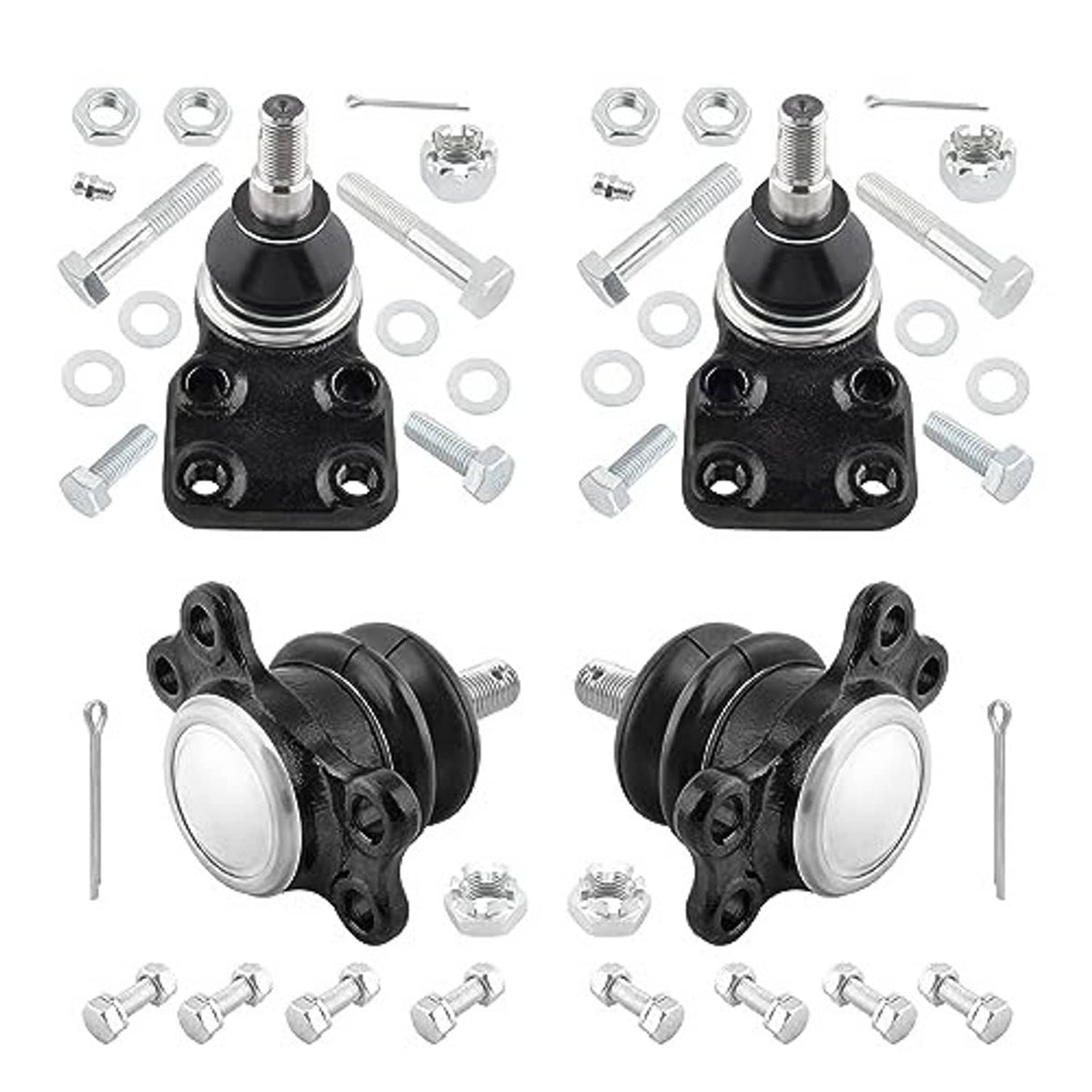 Pack of ball joints: black boots, steel ball studs, and assorted nuts and bolts