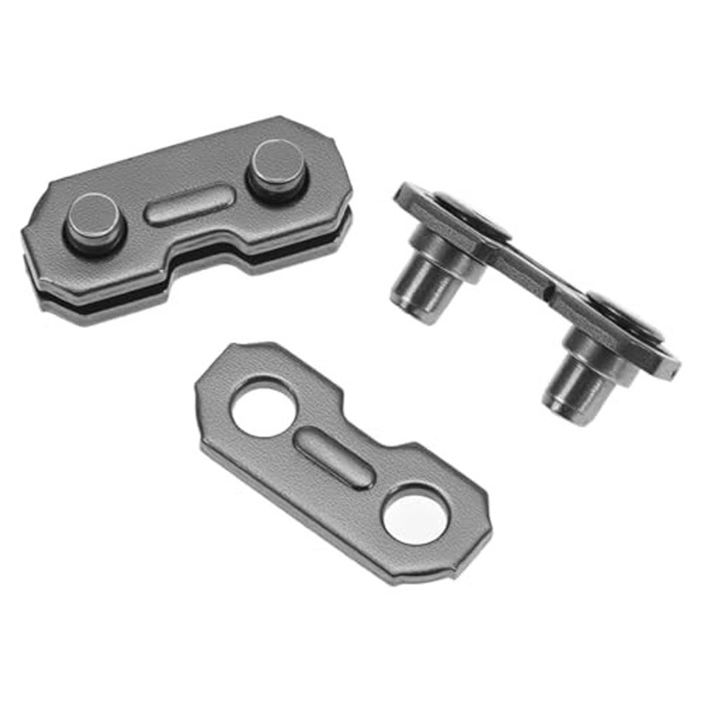 Metal chain joiner link plates with rivets and pin-style parts, dark finish