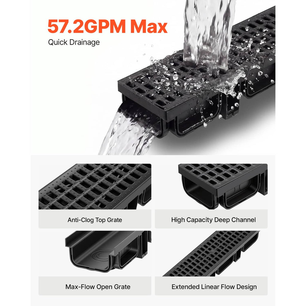 Black HDPE drainage channel with grated anti-clog top and deep flow channel
