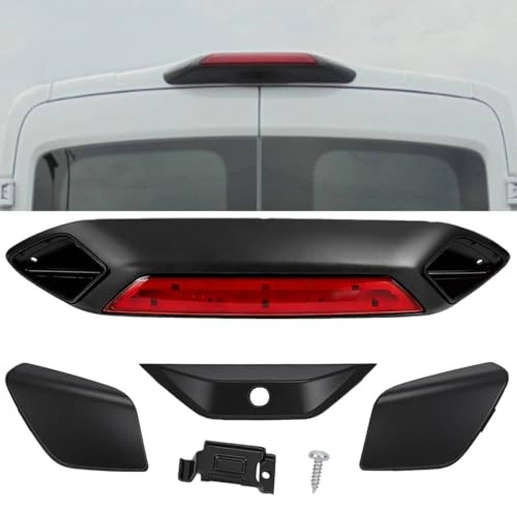 LED third brake light assembly with red lens, black housing, side fins, and mounting parts