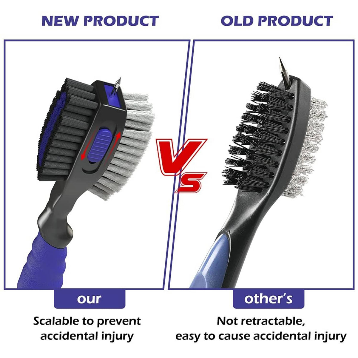 Retractable golf club brush with safety design, black and blue handle and bristle heads