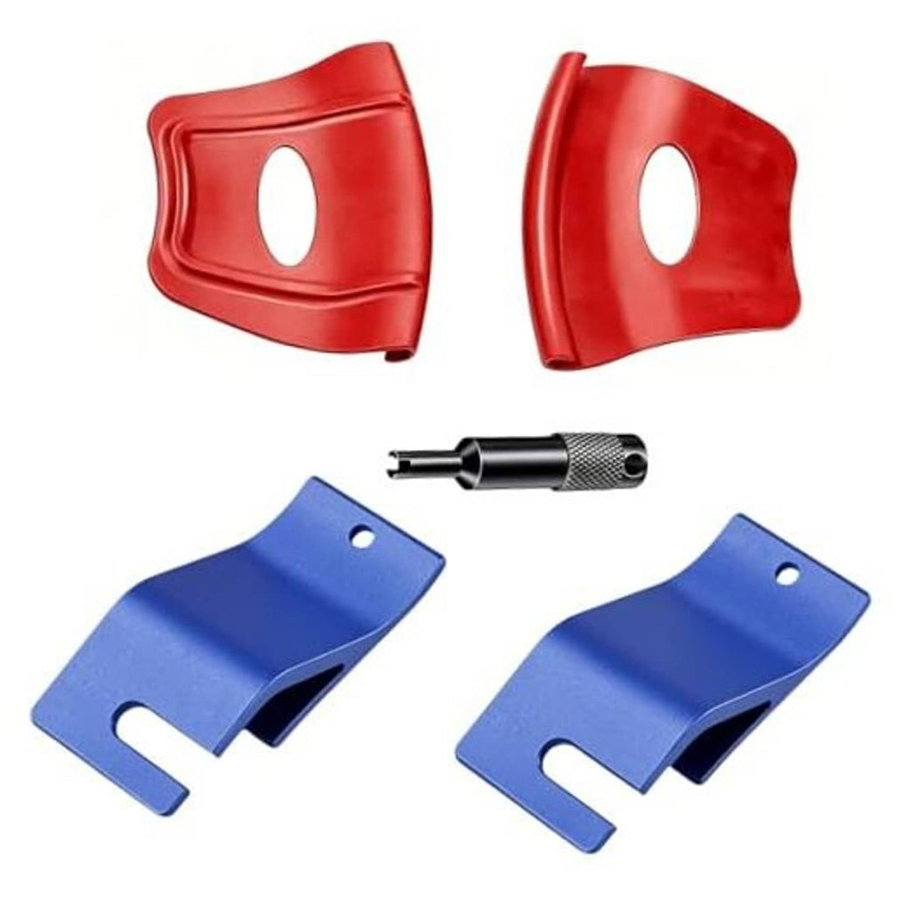 Motorcycle tire changing tool kit with red rim shields, blue bead holders, black valve tool