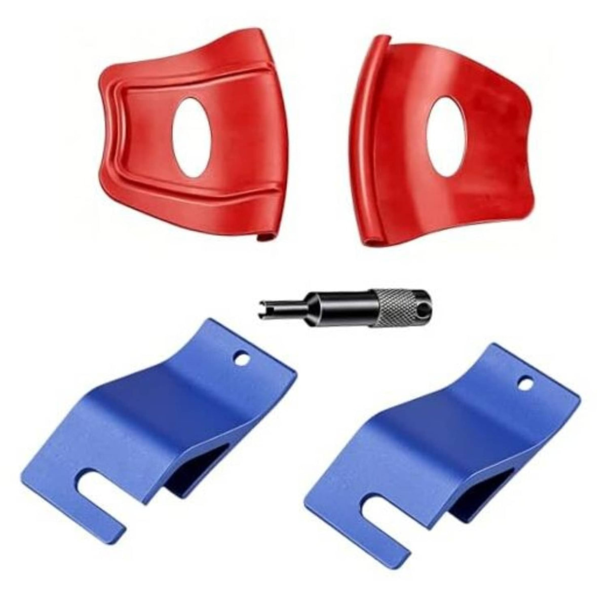 Motorcycle tire changing tool kit with red rim shields, blue bead holders, black valve tool