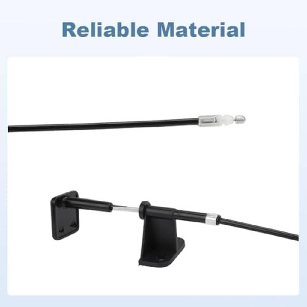 Hood latch release cable with black mount bracket and metal-tipped end