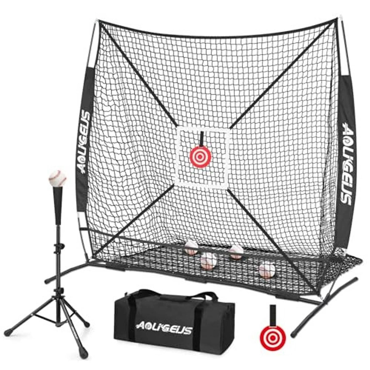 Baseball pitching practice net, square frame with red target and black mesh