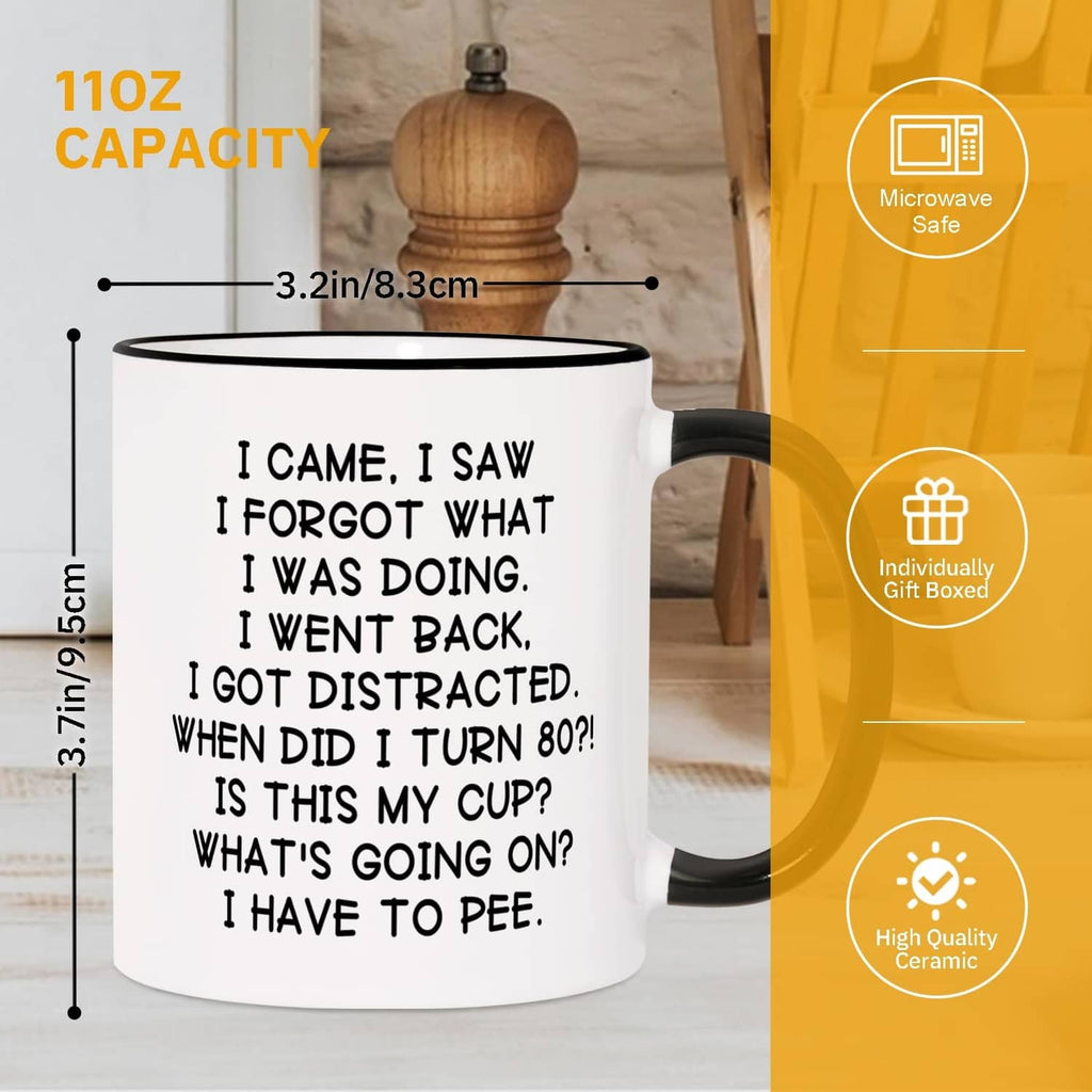 White 11oz mug with black handle and rim, 'turn 80' quote with size callout.